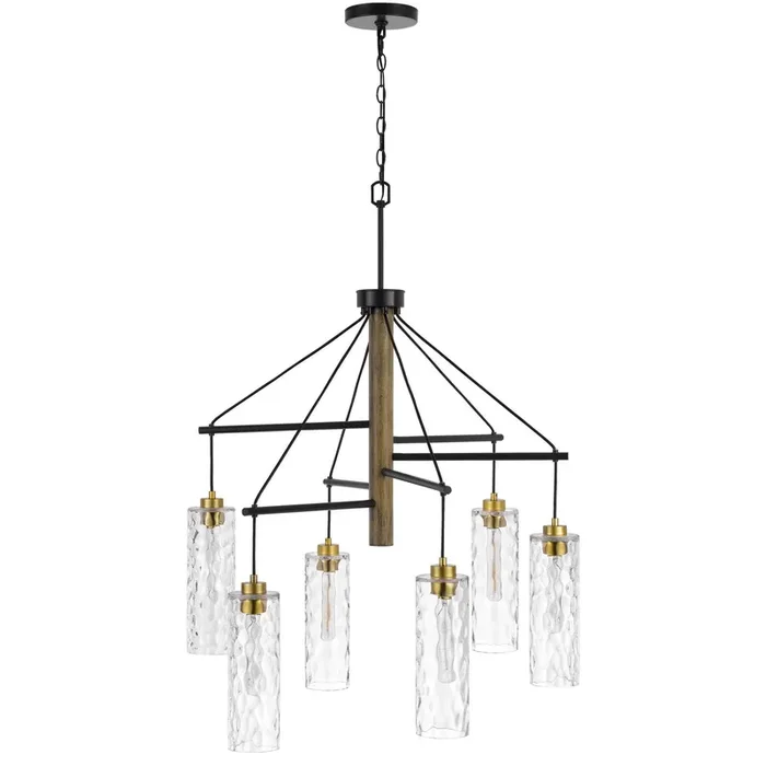 60W X 6 WILLISTON RUBBER WOOD CHANDELIER WITH HANGING TEXTURED GLASS SHADES