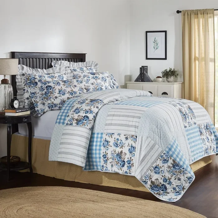 Annie Blue Floral Patch Luxury King Quilt 120Wx105L