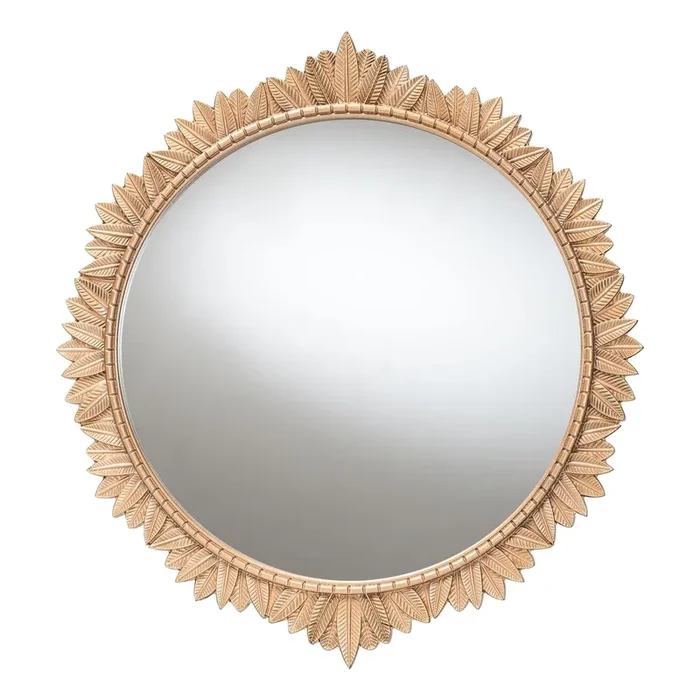 Caitlin Wood Antique Gold Finish Round Wall Mirror with Carved Leaf Border