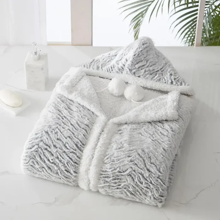 Chic Home Dohwa Snuggle Hoodie Animal Pattern Robe Cozy Super Soft Ultra Plush Micromink Coral Fleece Sherpa Lined Wearable Blanket with 2 Pockets Hood Drawstring Closure – 51×71″, Silver