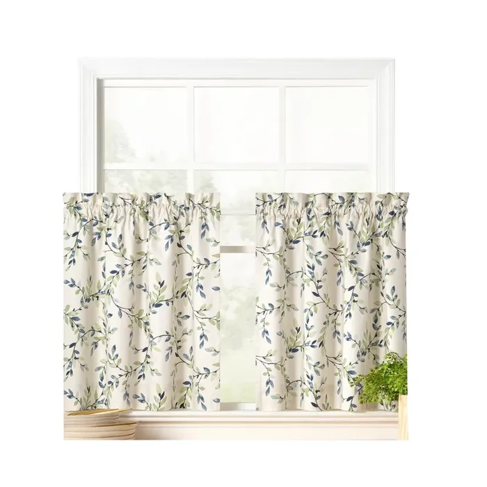 Ellis Vintage Elegant Medium Scale Printed Vine Pattern 1.5″ Rod Pocket Tier for Windows Azure
