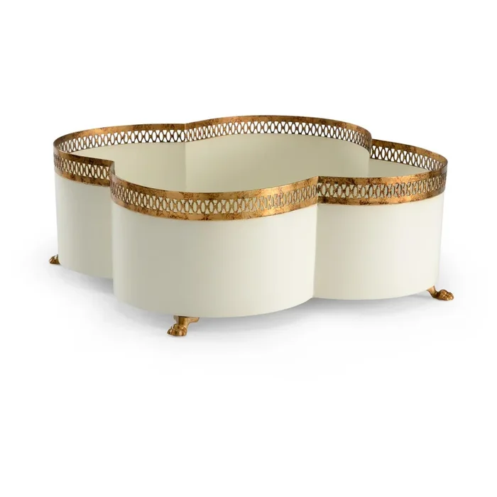 Filigree Flower Cache: Cream & Gold Plant Pot
