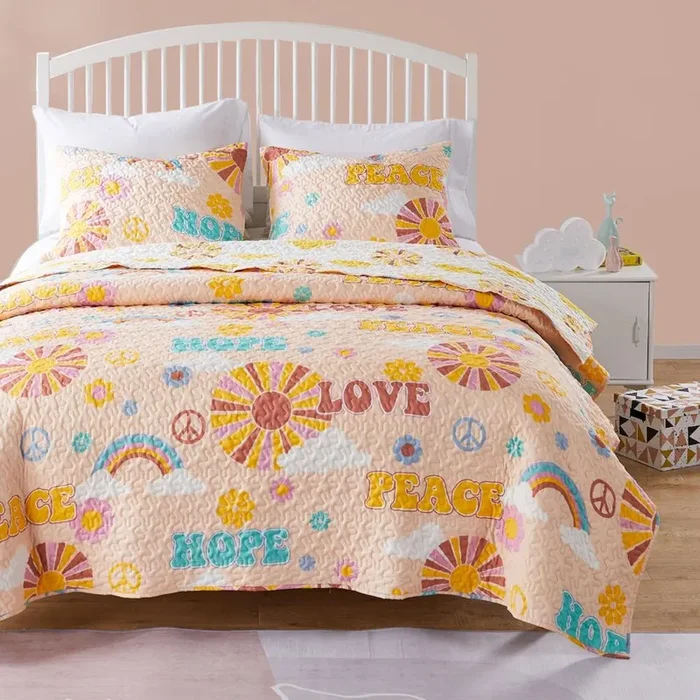 Greenland Home Fashion Cassidy bedding Sets Reversible Coverlet, Bedspread Quilt and Pillow Sham Set – Peach