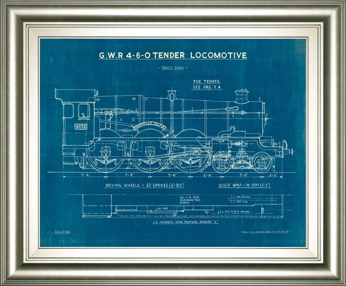 Locomotive Blueprint I By Wild Apple Portfolio – Framed Print Wall Art – Blue