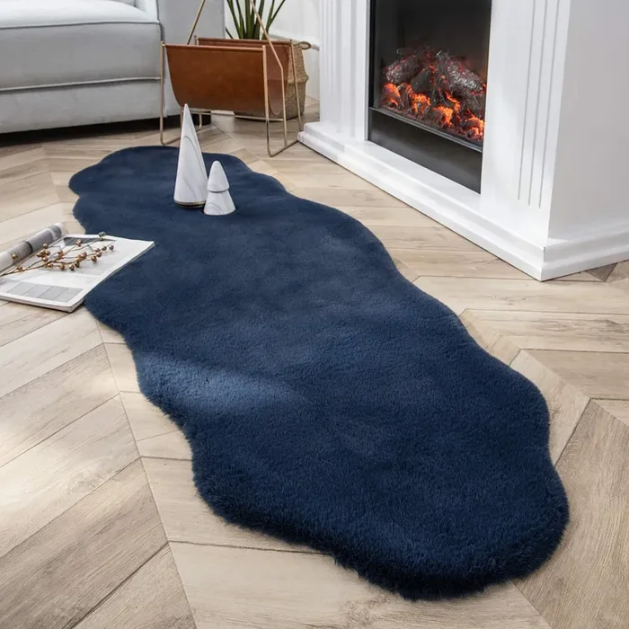 Navy Blue Faux Rabbit Fur Fuzzy Soft Fluffy Plush Cozy Shaggy Area Rug