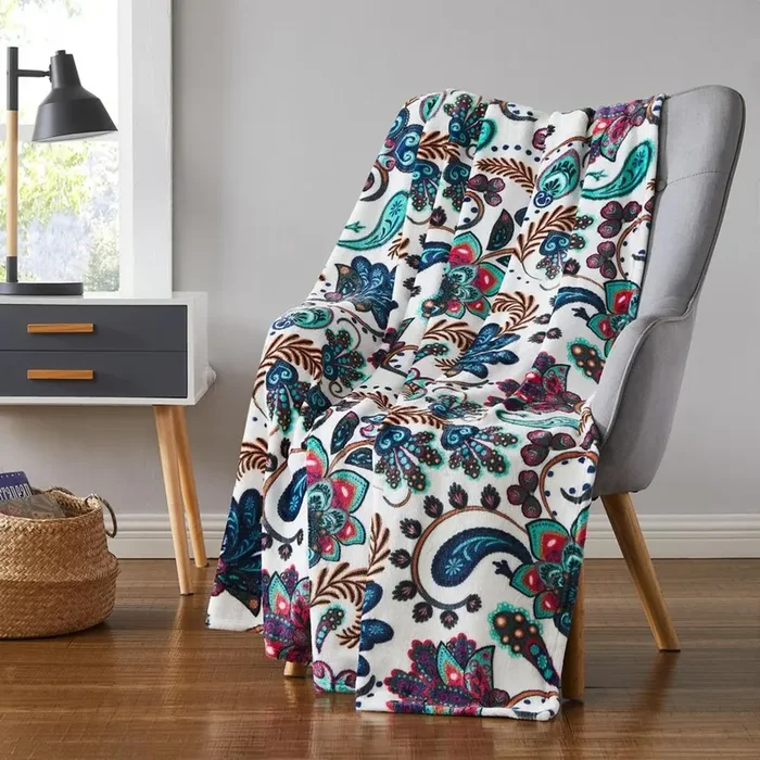Oliva Gray Jacobean Printed Flannel Throw – 50×60″ Multi