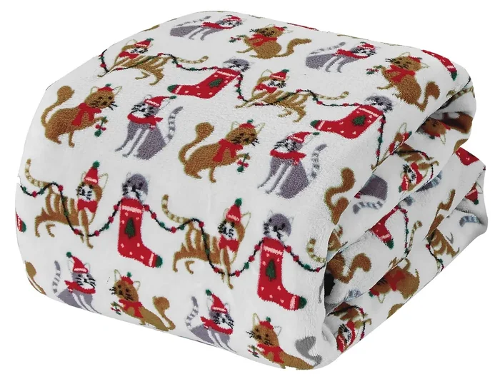 Plazatex Holiday Christmas Cats Design Micro Plush Throw Blanket – 50×60″, Multicolor