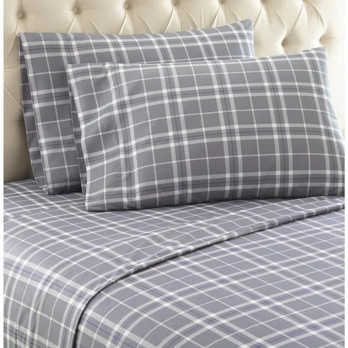Shavel Micro Flannel Quality Printed Sheet Set – Twin Flat/Fitted Sheet 66×96/75x39x14″ Pillowcase 21×32″ – Carlton Plaid Gray