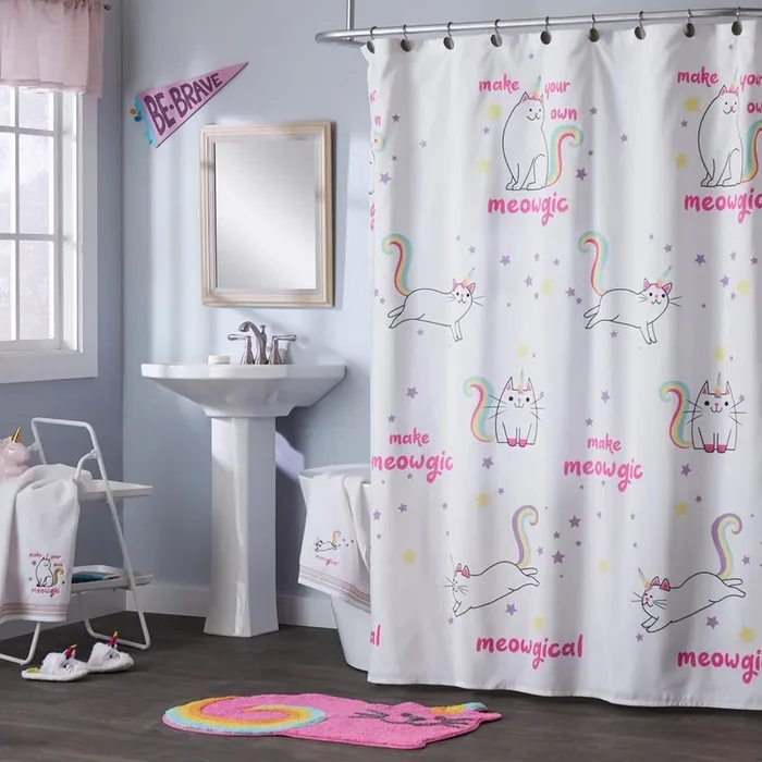 SKL Home Saturday Knight Ltd Meowgic Mythical Caticorn Design With Soft, Durable Fabric Shower Curtain – 70×72″, Multi