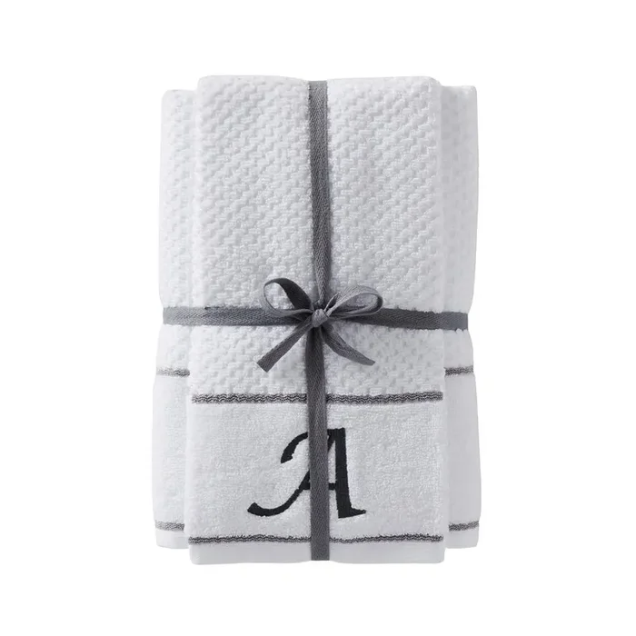 SKL Home Saturday Knight Ltd Monogram “A” Soft Textured Stripes Bath And Hand Towel Set – 4-Piece – 27×50″, 16×25″, White