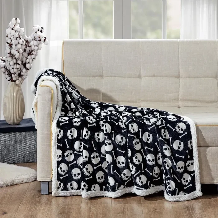 Skull & Bones Faux Shearling Micro Plush Throw Blanket 50″ x 60″ Black & White by Plazatex