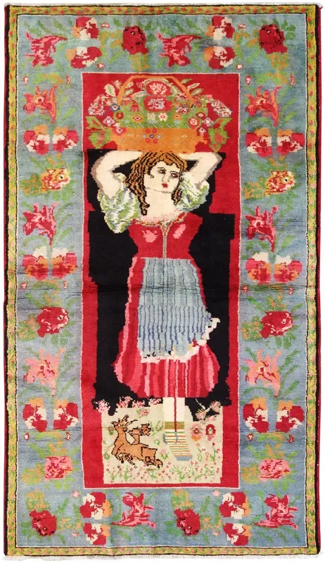 Vintage Pictorial Karabagh Handwoven Closeout Rug, J64554
