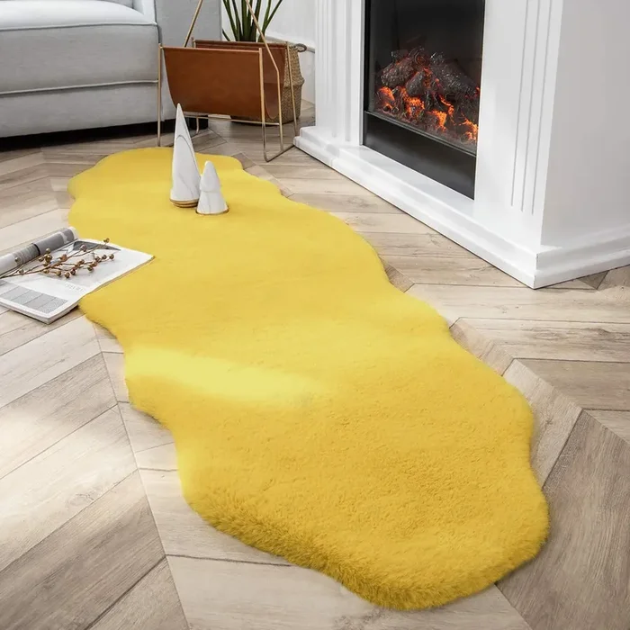 Yellow Faux Rabbit Fur Fuzzy Soft Fluffy Plush Cozy Shaggy Area Rug