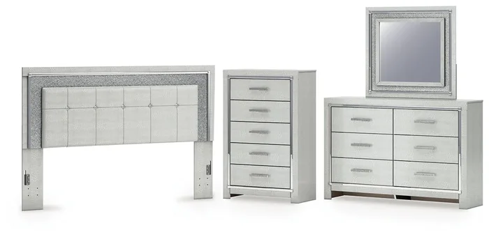 Zyniden King Upholstered Panel Headboard with Mirrored Dresser and Chest